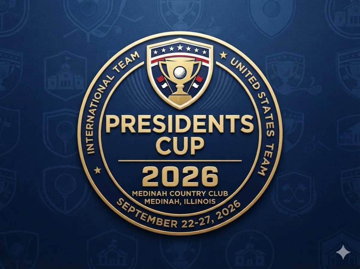 Official 2026 Presidents Cup gold seal logo for the event at Medinah Country Club, September 22-27