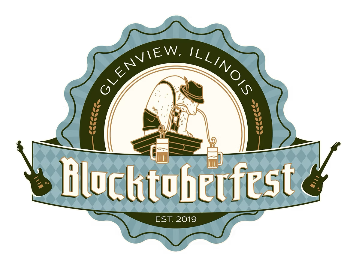 Glenview Blocktoberfest logo featuring a cartoon goat in lederhosen drinking beer, established 2019