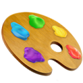 A wooden artist's palette with six blobs of paint in blue, green, yellow, purple, black, and red.