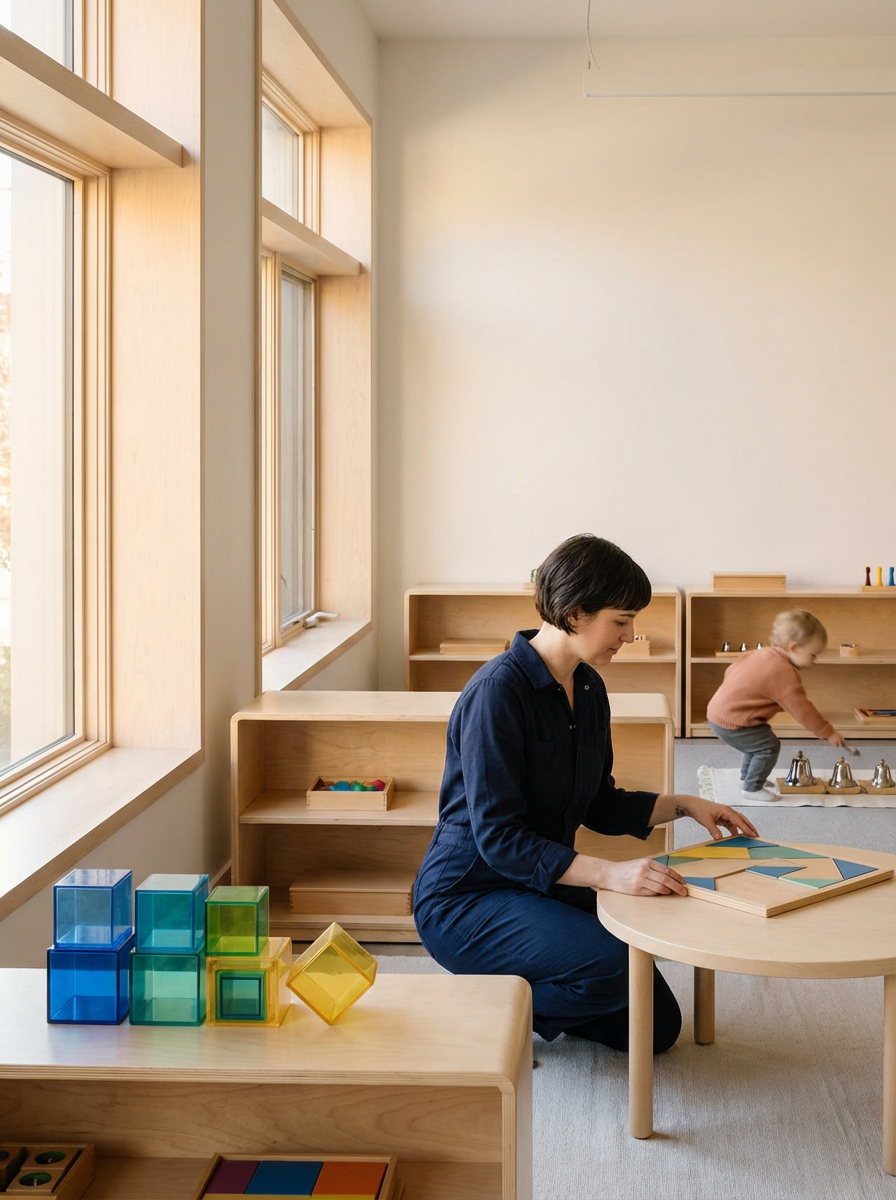 A woman sitting at a small round wooden table engaging with geometric puzzle pieces, with a young child playing in the background in a bright, minimalist room with wooden shelves and colorful blocks.