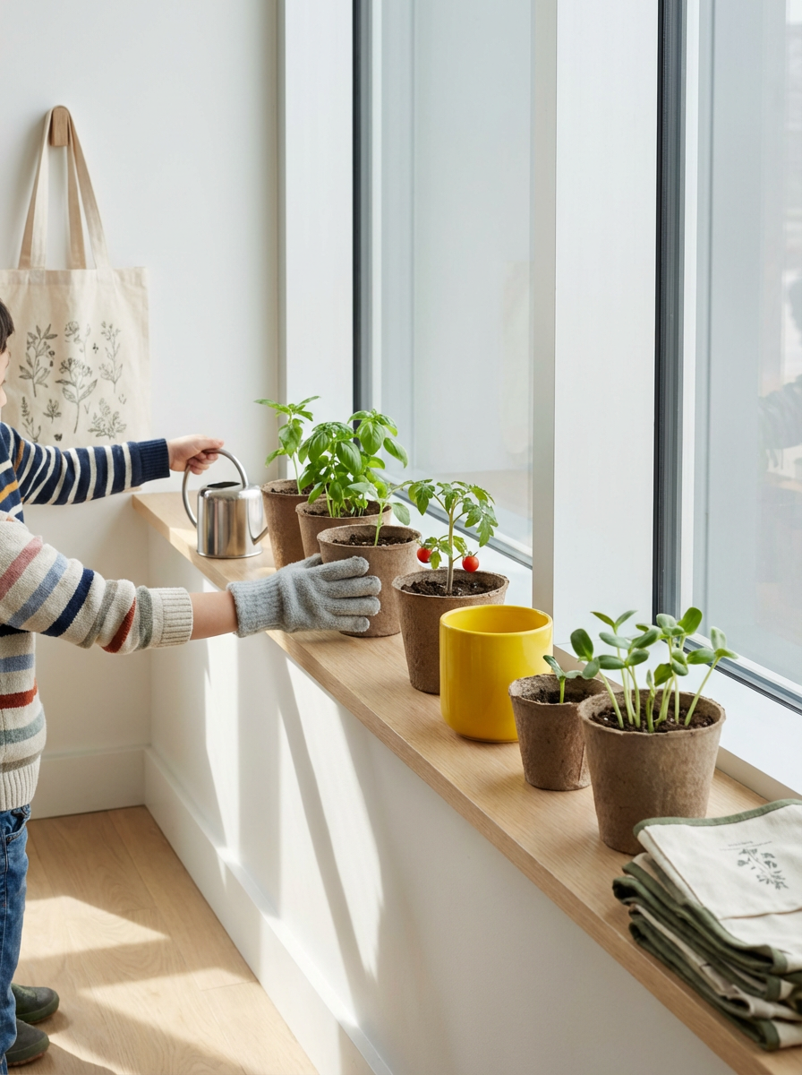 A person watering potted indoor plants on a window sill in a bright room.
