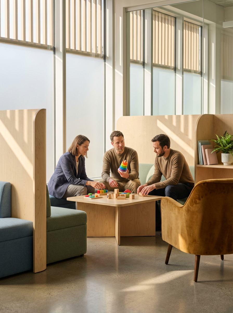 Three adults are playing with colorful wooden toys at a small table in a brightly lit modern office space with large windows and wooden partitions.
