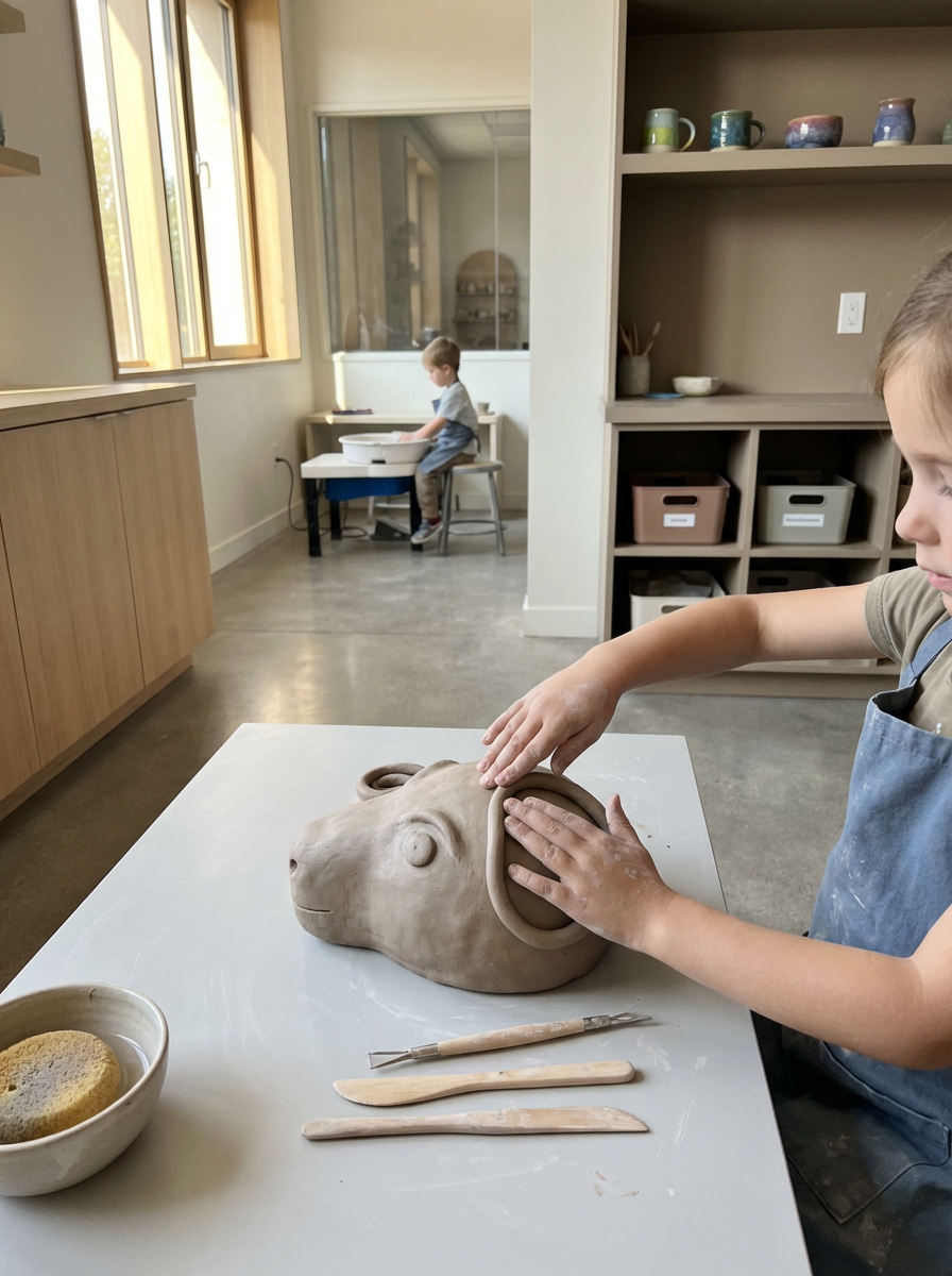 Child shaping a clay sculpture of a lion's head on a white table, with sculpting tools and a bowl nearby, in a bright art studio.