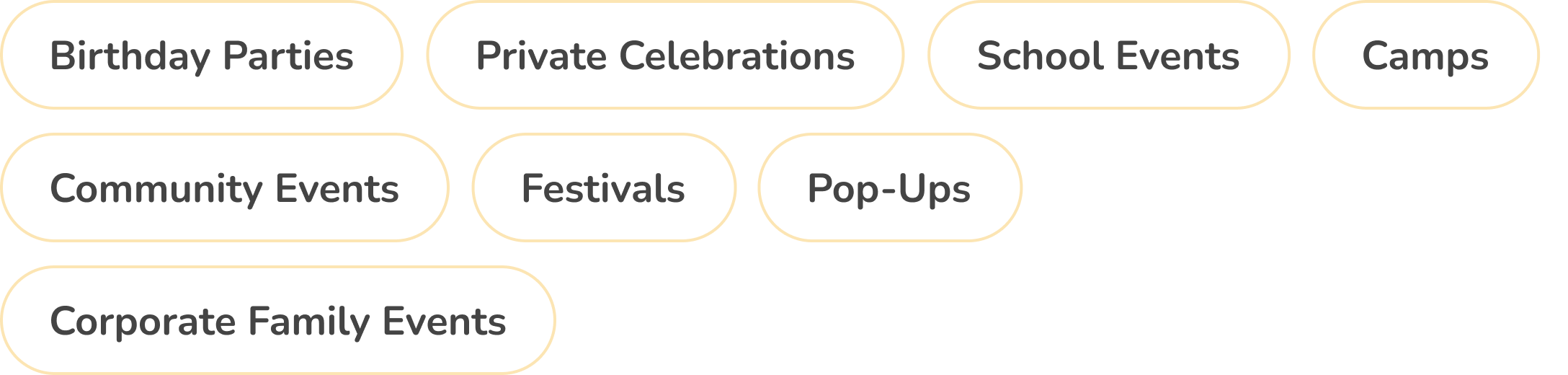 Categorized list of events, including Birthday Parties, Private Celebrations, School Events, Camps, Community Events, Festivals, Pop-Ups, and Corporate Family Events.