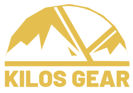 Logo of Kilos Gear featuring stylized mountain and industrial elements in gold.