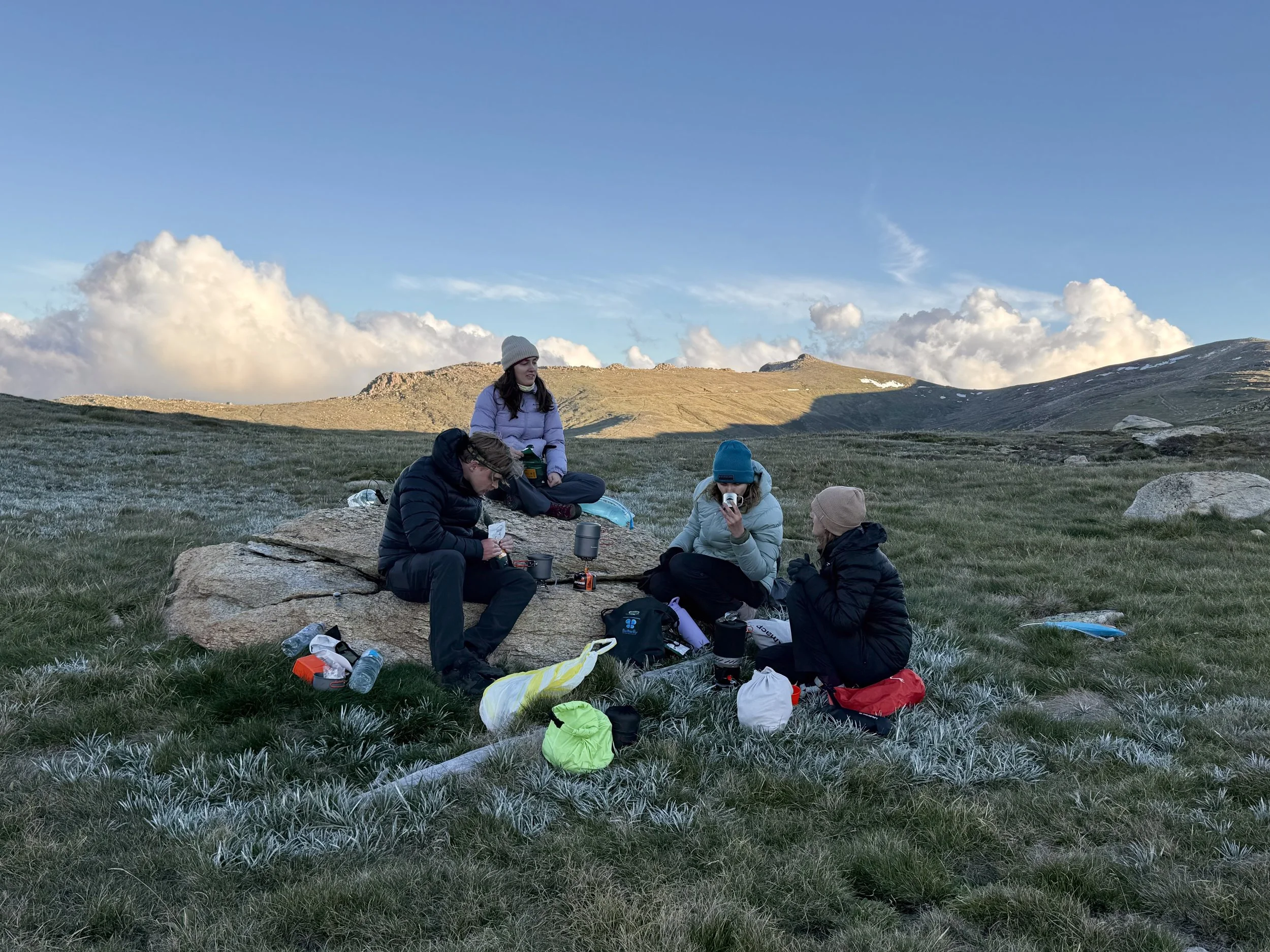 Group of five people sitting on a log and on the grass in a mountain meadow, preparing or cooking food with camping gear under a partly cloudy sky.