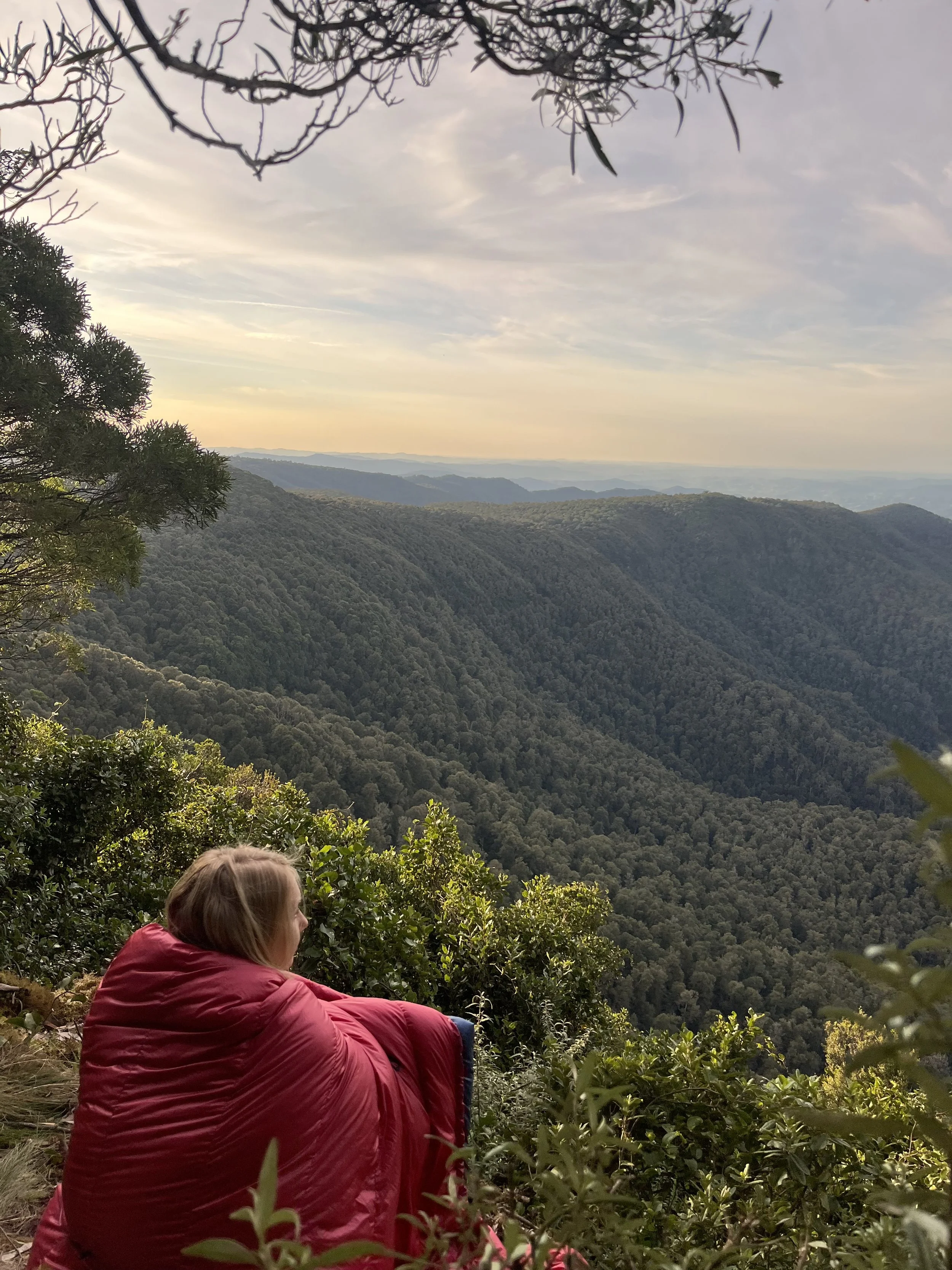 A woman in a red jacket sitting among green shrubs on a hillside, overlooking a mountain landscape with layered hills and a cloudy sky at sunset.