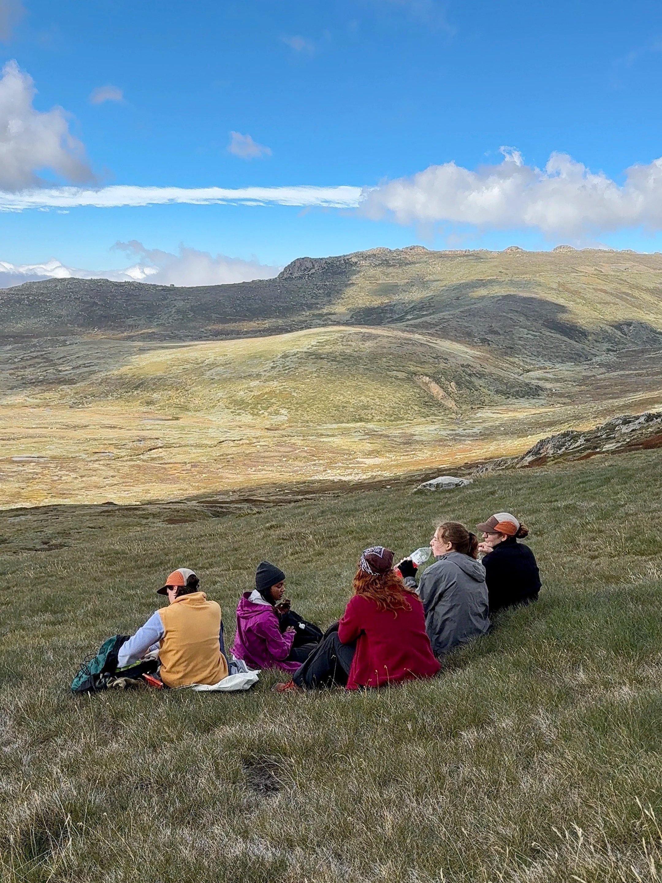 Group of people sitting on the grassy field in a mountainous landscape with a clear blue sky and scattered clouds.