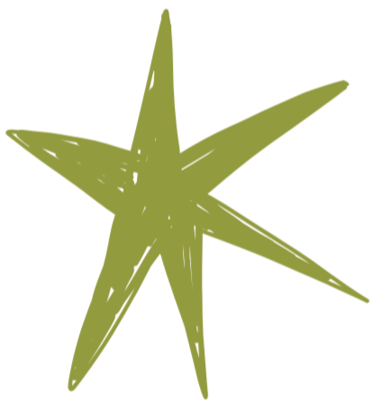 A green starburst graphic with eight points.
