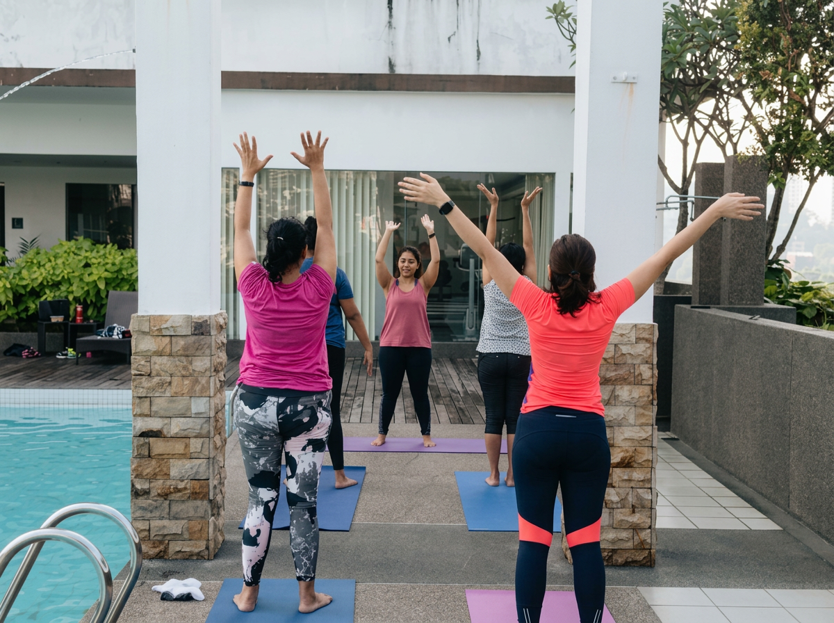 Group of women participating in outdoor yoga or stretching class by a pool, facing away from the camera with arms raised, on a paved deck with lush green plants and trees in the background.