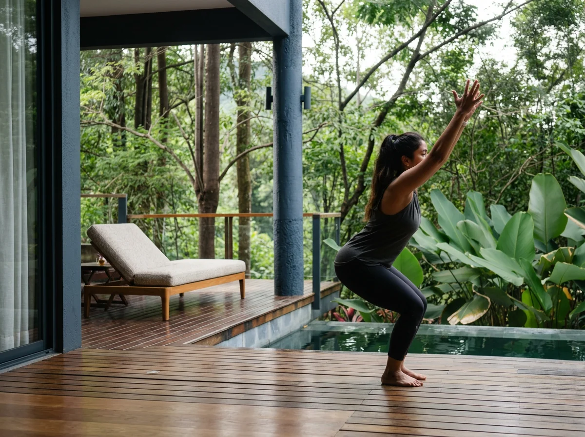 A woman practicing yoga outdoors on a wooden deck, surrounded by lush green trees and plants, in a squatting position with arms raised.
