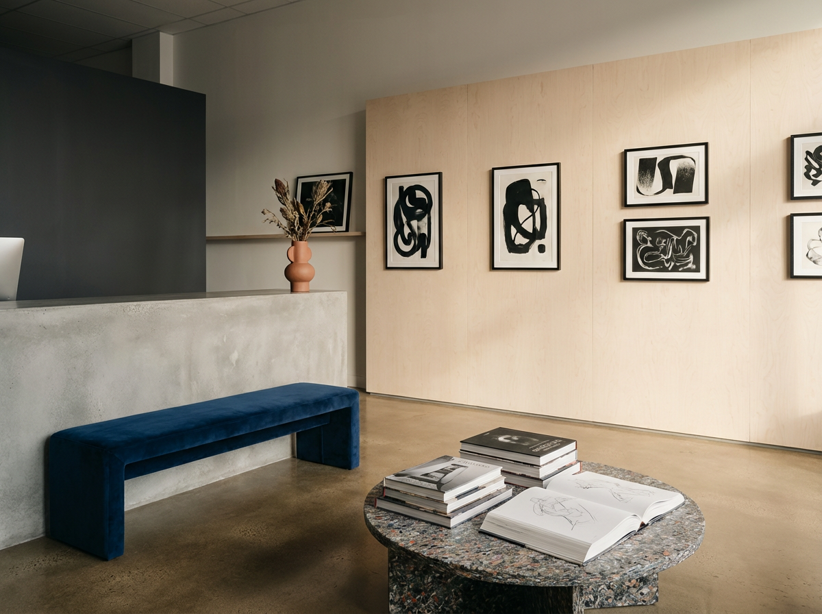 Interior of an art gallery with black and white abstract artworks on the wall, a modern concrete counter, a blue velvet bench, and a table with art books and sketchpads.