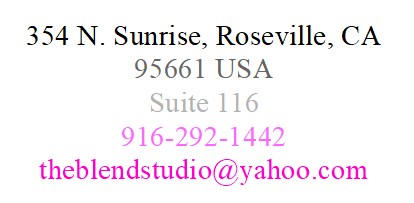 Contact information with address, phone number, and email address for a business or individual in Roseville, California.