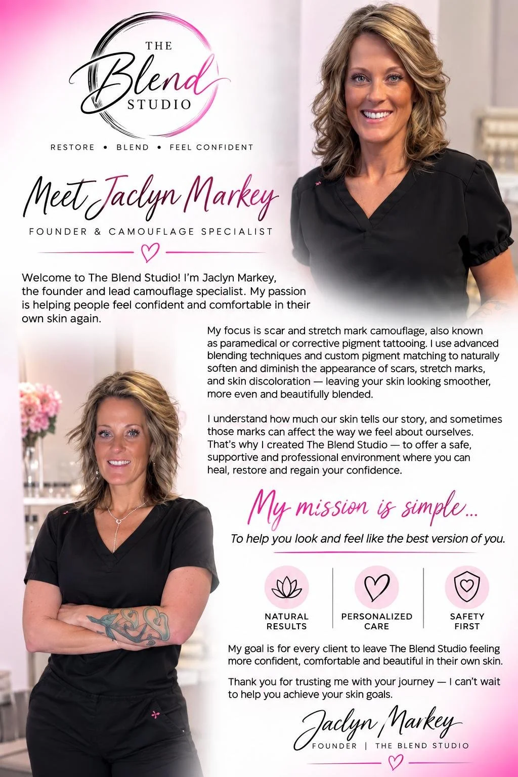 A promotional flyer introducing Jaclyn Markey, founder and camouflage specialist at The Blend Studio, with photographs of her smiling in a black uniform, and text describing her mission to help clients improve skin confidence through personalized camouflage treatments.