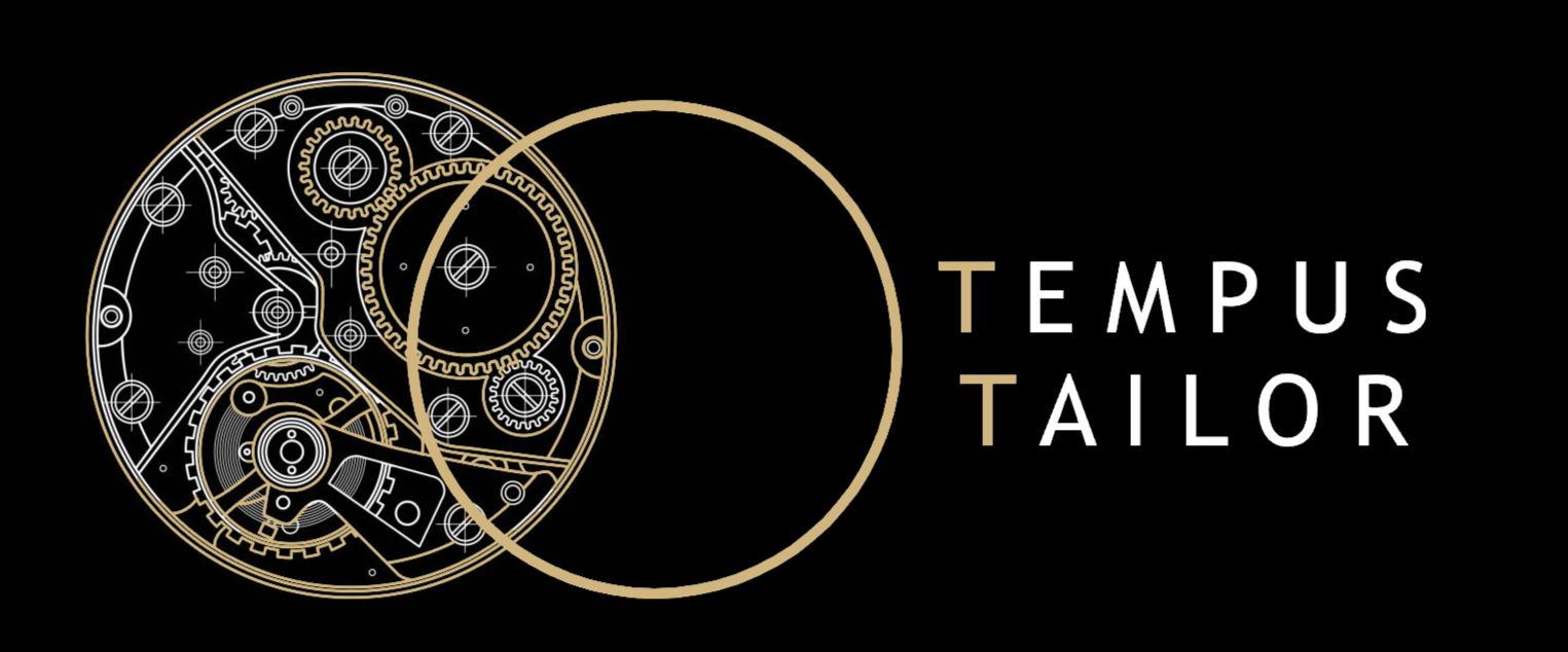 A gold and white intricate mechanical watch movement with gears on a black background, with the words 'TEMPUS TAILOR' beside it.