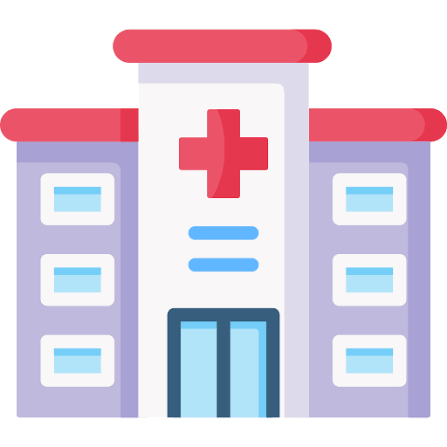 Illustration of a hospital building with a red cross symbol on the front.