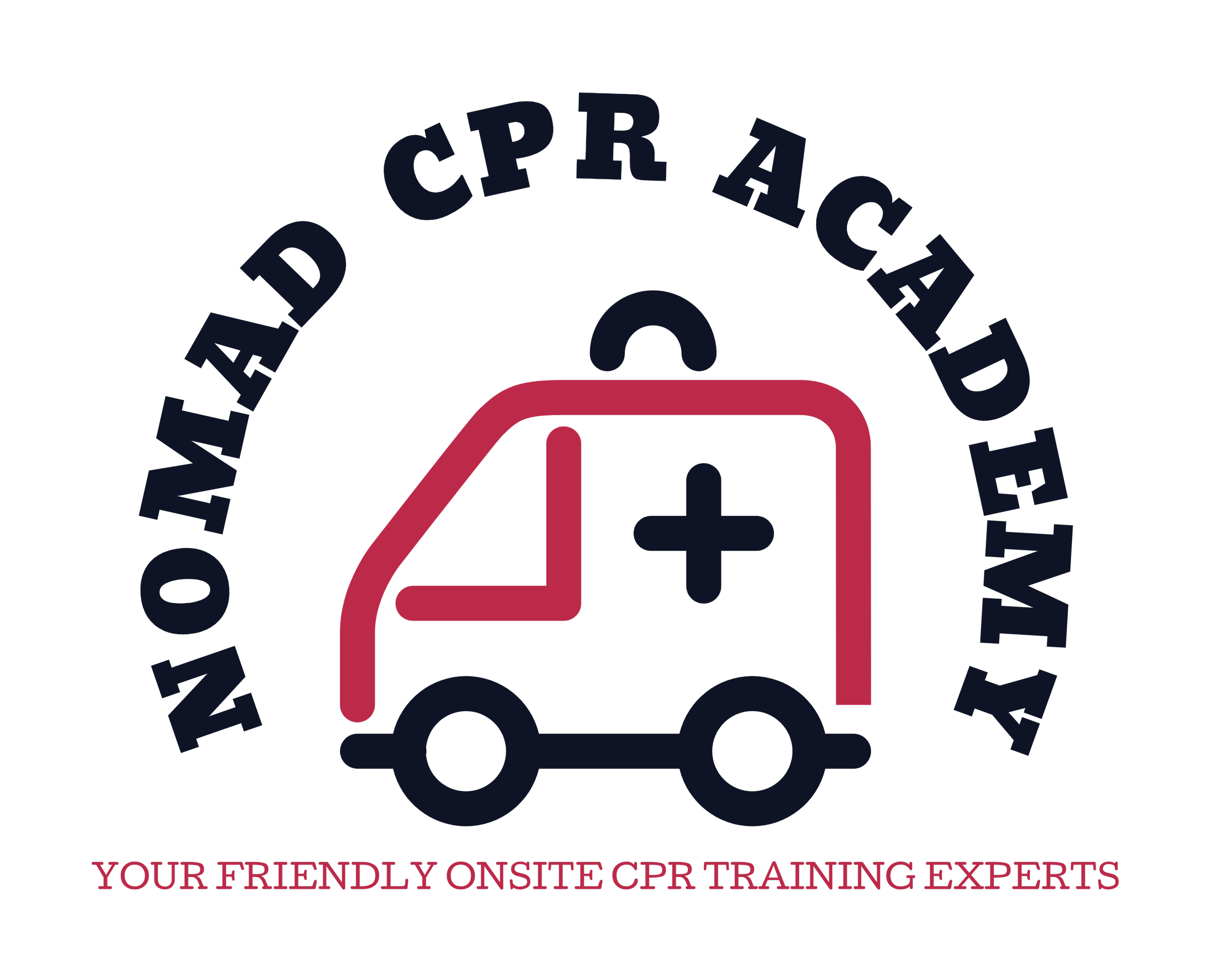 Logo of a red car with a plus sign on top, surrounded by text that says "WE ARE A CPR AWARENESS COMPANY" and "YOUR FRIENDLY ON-SITE CPR TRAINING EXPERTS."