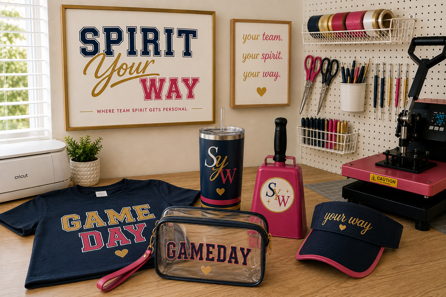 A desk setup with sports-themed items, including a navy blue T-shirt with 'GAME DAY' in gold and pink letters, a matching clear pouch, a navy and pink tumbler, a pink lint roller, and a navy visor with gold writing 'your way'. The background includes framed motivational quotes on the wall, a pegboard holding scissors, pens, and markers, and a cricut machine, all in a well-lit room.