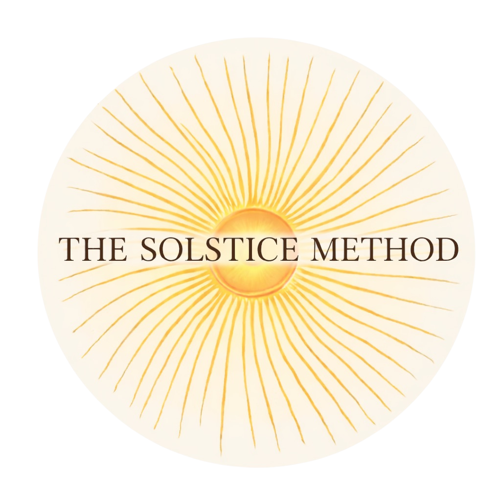 A circular logo with a bright sun symbol at the center and radiating golden lines. The text over the sun reads "THE SOLSTICE METHOD."