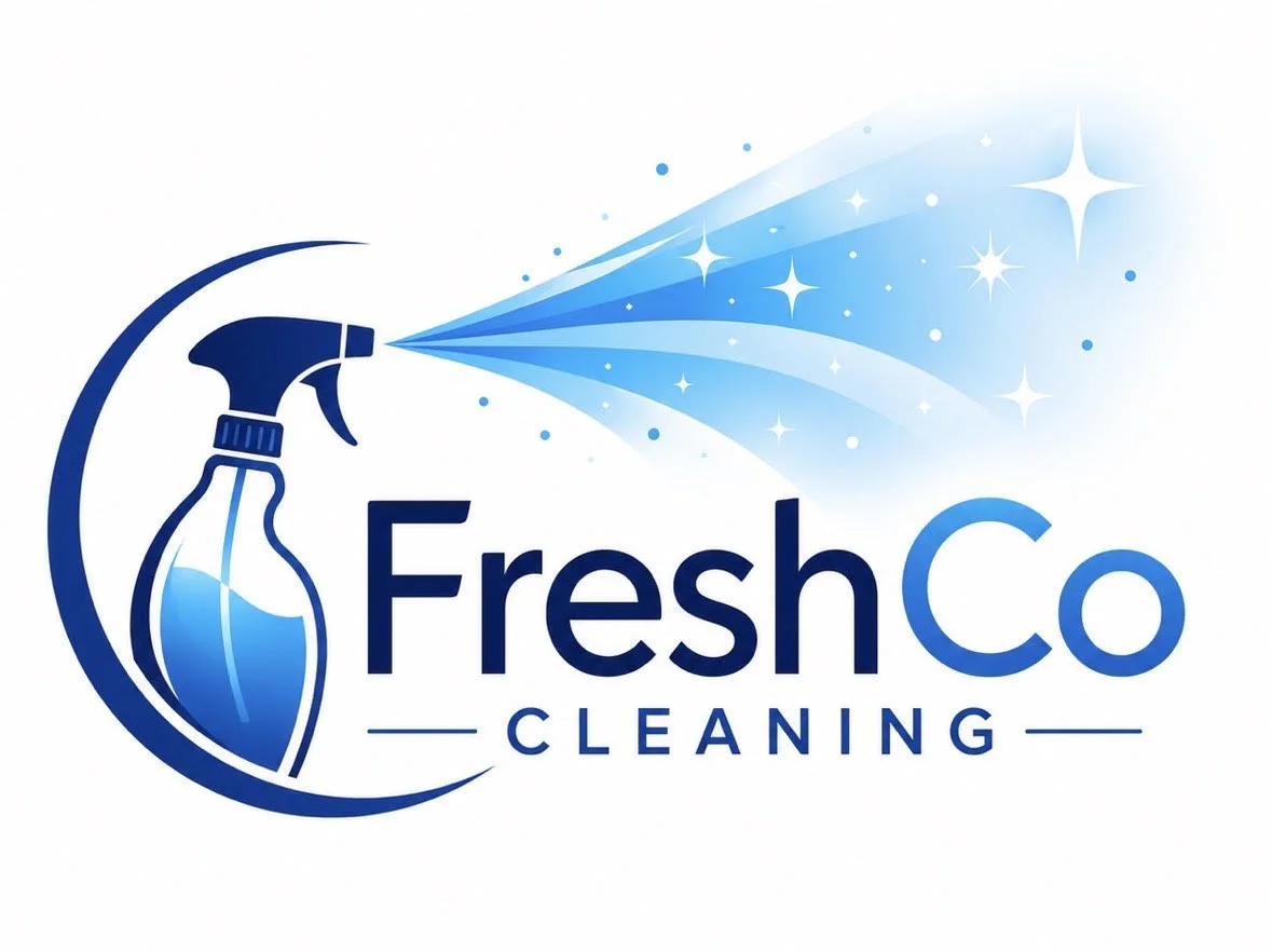 Logo for FreshCo Cleaning with a spray bottle emitting sparkling blue cleaning spray.