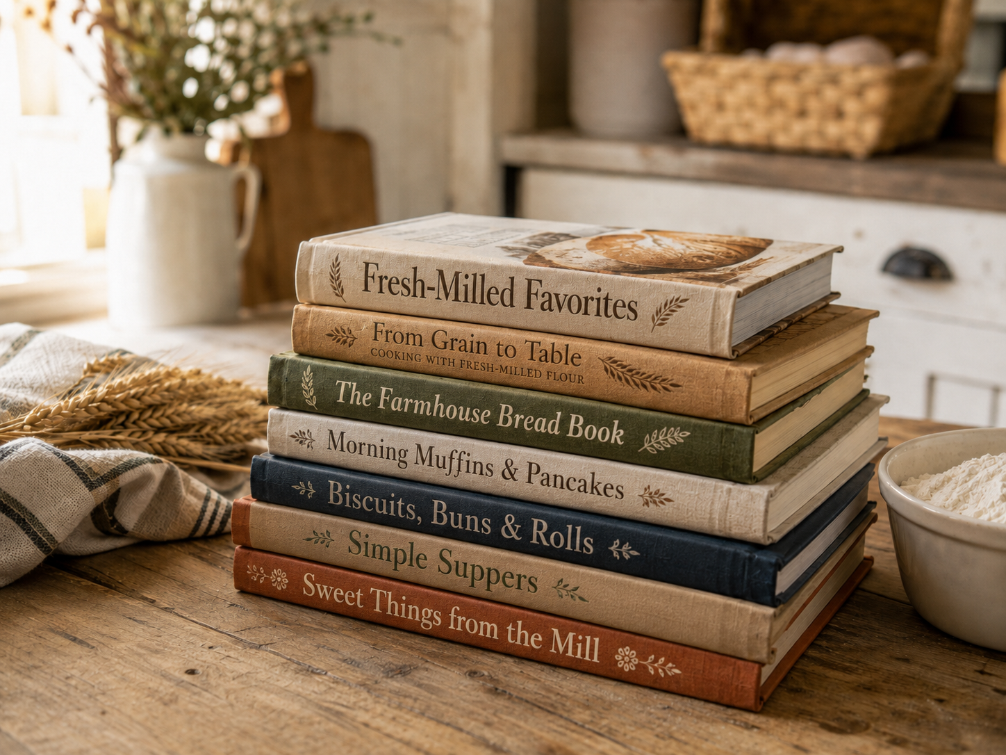 Fresh-milled flour baking books and kitchen resources displayed with wheat.