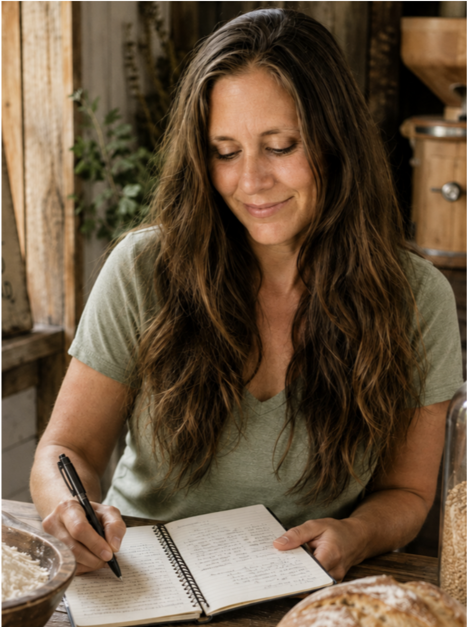 Pamela siting at the table writing new fresh milled flour recipes.