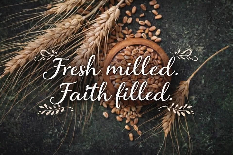 Fresh-milled flour and wheat grains with the Going Grains ‘Fresh milled. Faith filled.’ graphic.
