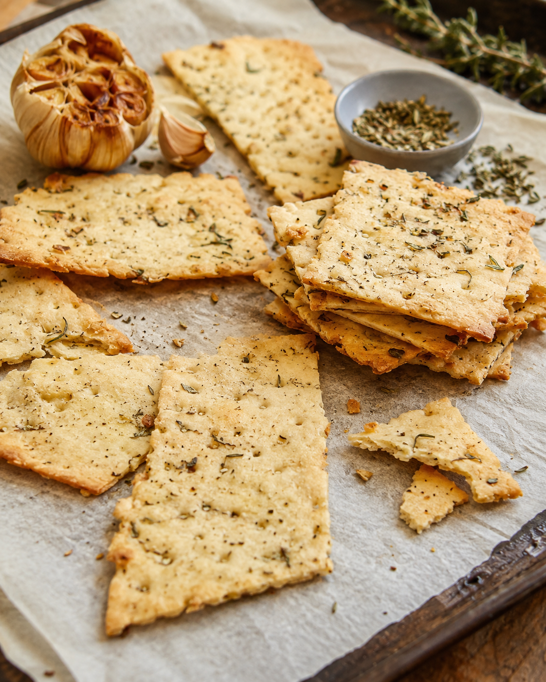 Fresh-milled flour herb crackers baked on parchment with garlic and dried herbs.
