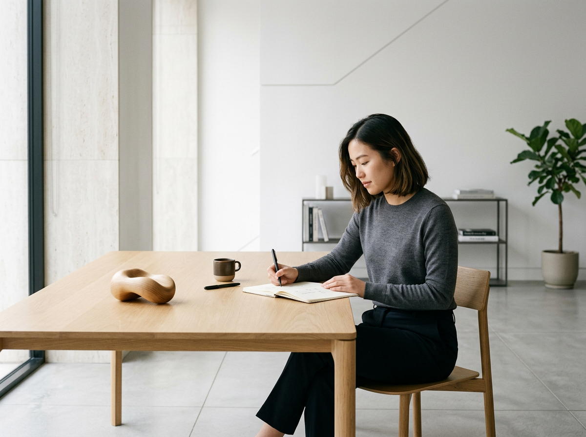 Woman writing in notebook at wooden table with coffee mug and decorative object in a modern, minimalist room.
