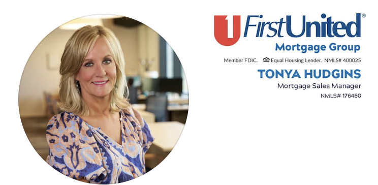 Business card featuring a portrait of Tonya Hudgins, a mortgage sales manager, with the First United Mortgage Group logo and company information.