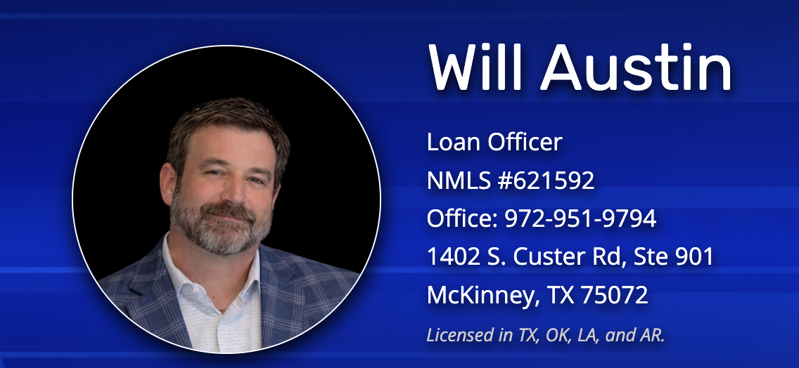 Business card for Will Austin, Loan Officer, with a professional photo, contact information, and license details.