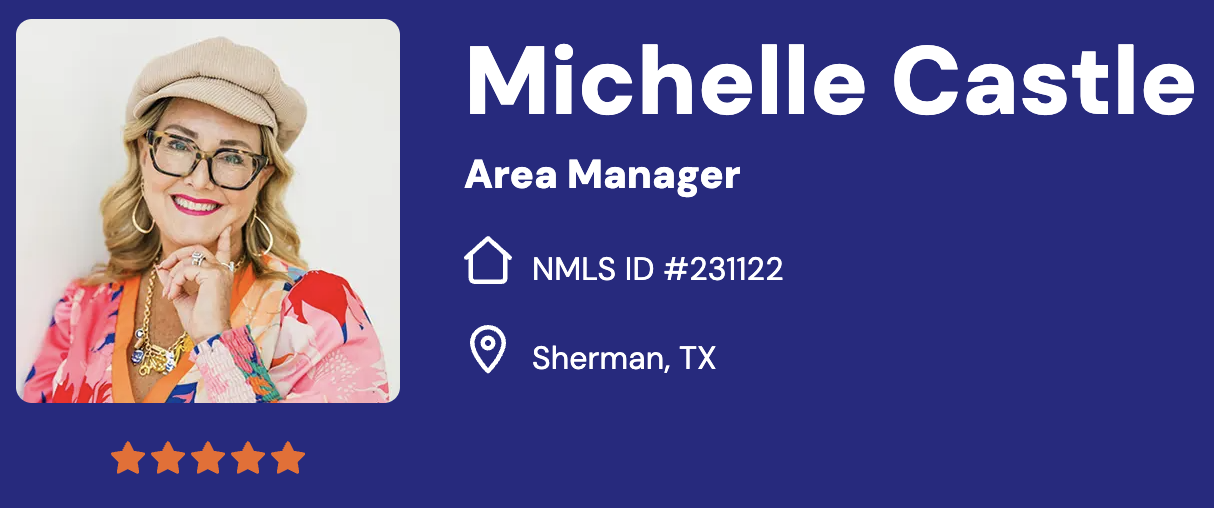 Business card for Michelle Castle, Area Manager, based in Sherman, TX, with a portrait of Michelle smiling, wearing glasses, a beige beret, and colorful clothing, with a five-star rating at the bottom.