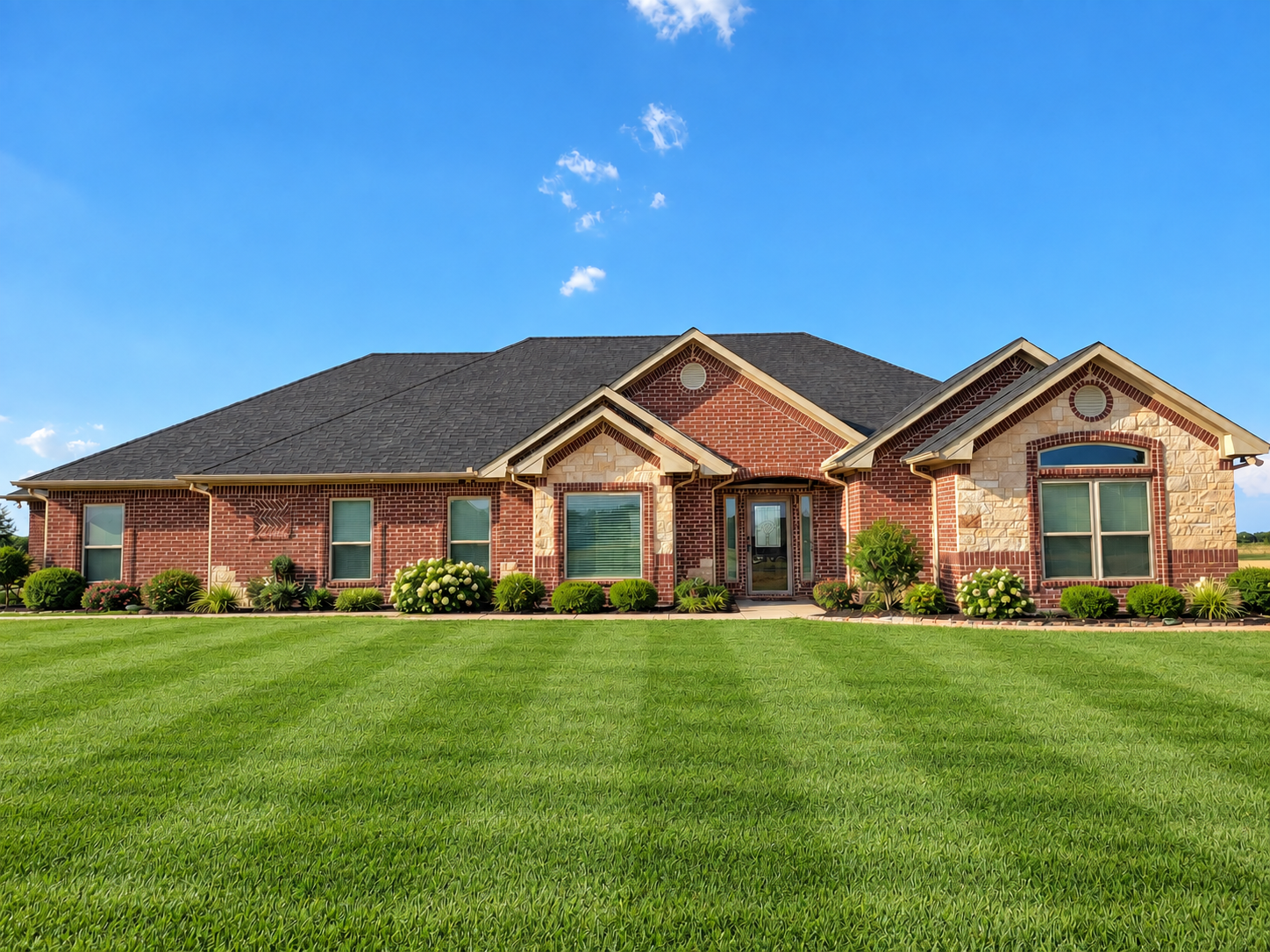 A large house with a brick and stone facade, surrounded by a well-manicured lawn and landscaping, under a blue sky with a few clouds.