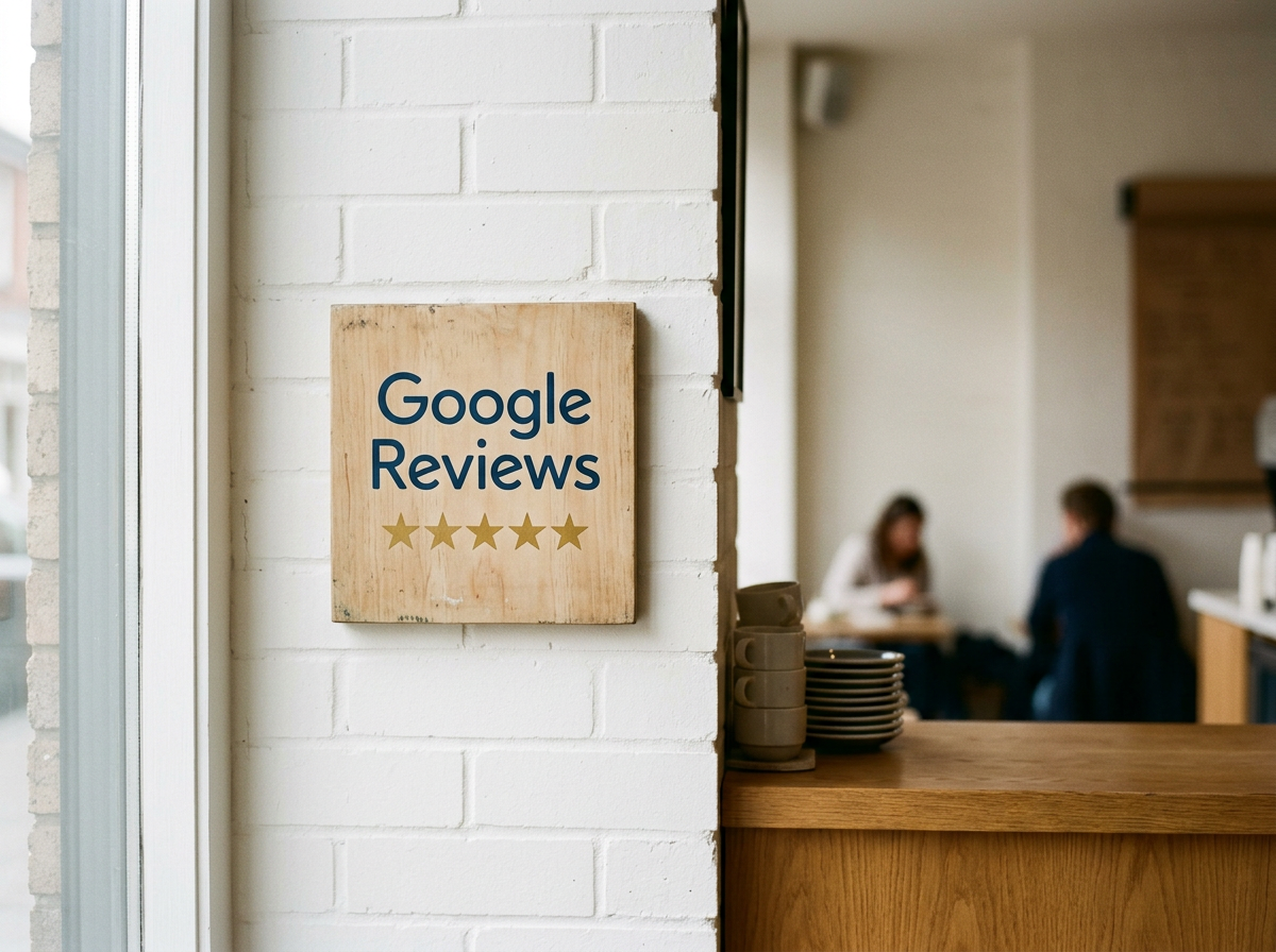 Interior of a coffee shop with a white brick wall and a sign that says 'Google Reviews' with five gold stars, and blurred patrons in the background.