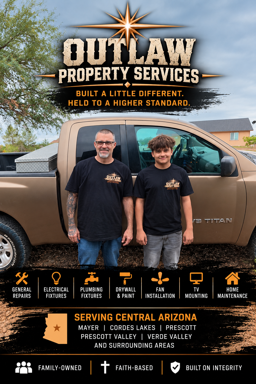 A promotional poster for Outlaw Property Services featuring two men wearing black shirts with the company logo, standing in front of a beige pickup truck outdoors with trees and a house in the background.