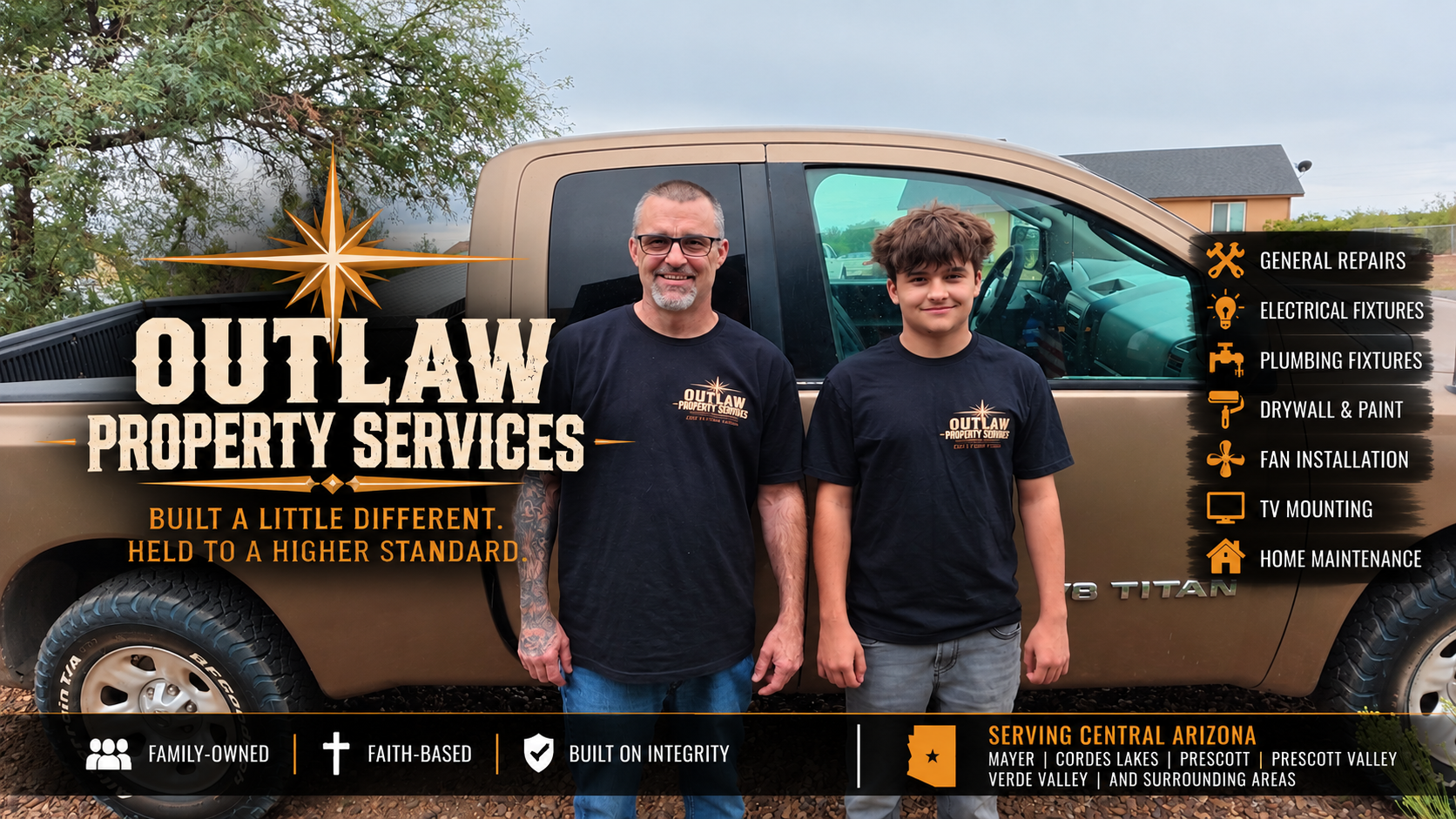 Two men standing in front of a tan pickup truck with Outlaw Property Services logos on their shirts. There are trees and a house in the background. Overlaid text includes the company name, services offered, and location in Central Arizona.