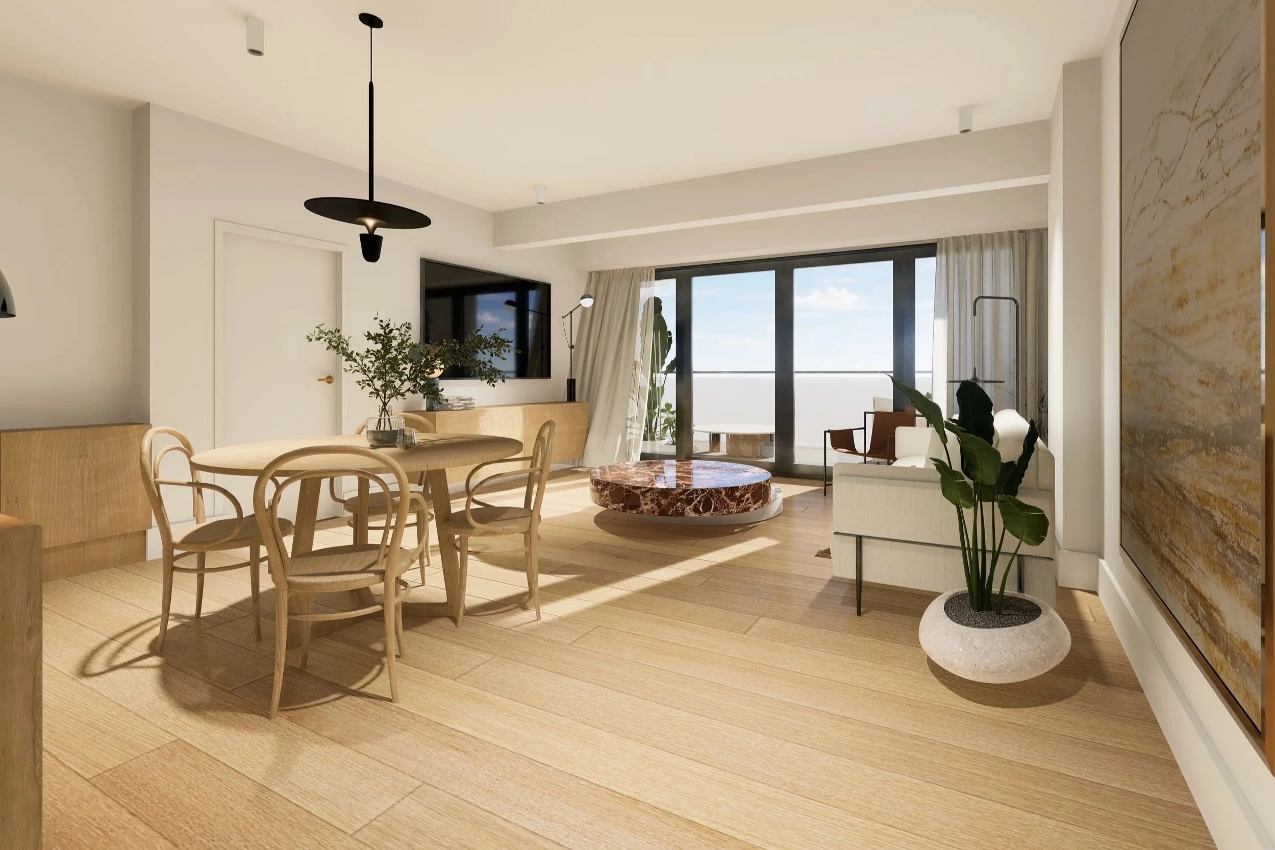 A modern living and dining room with wooden surface flooring, a round marble coffee table, a wooden dining table with chairs, a white sofa, large glass doors with curtains, and decorative plants, with a balcony view of the sky.