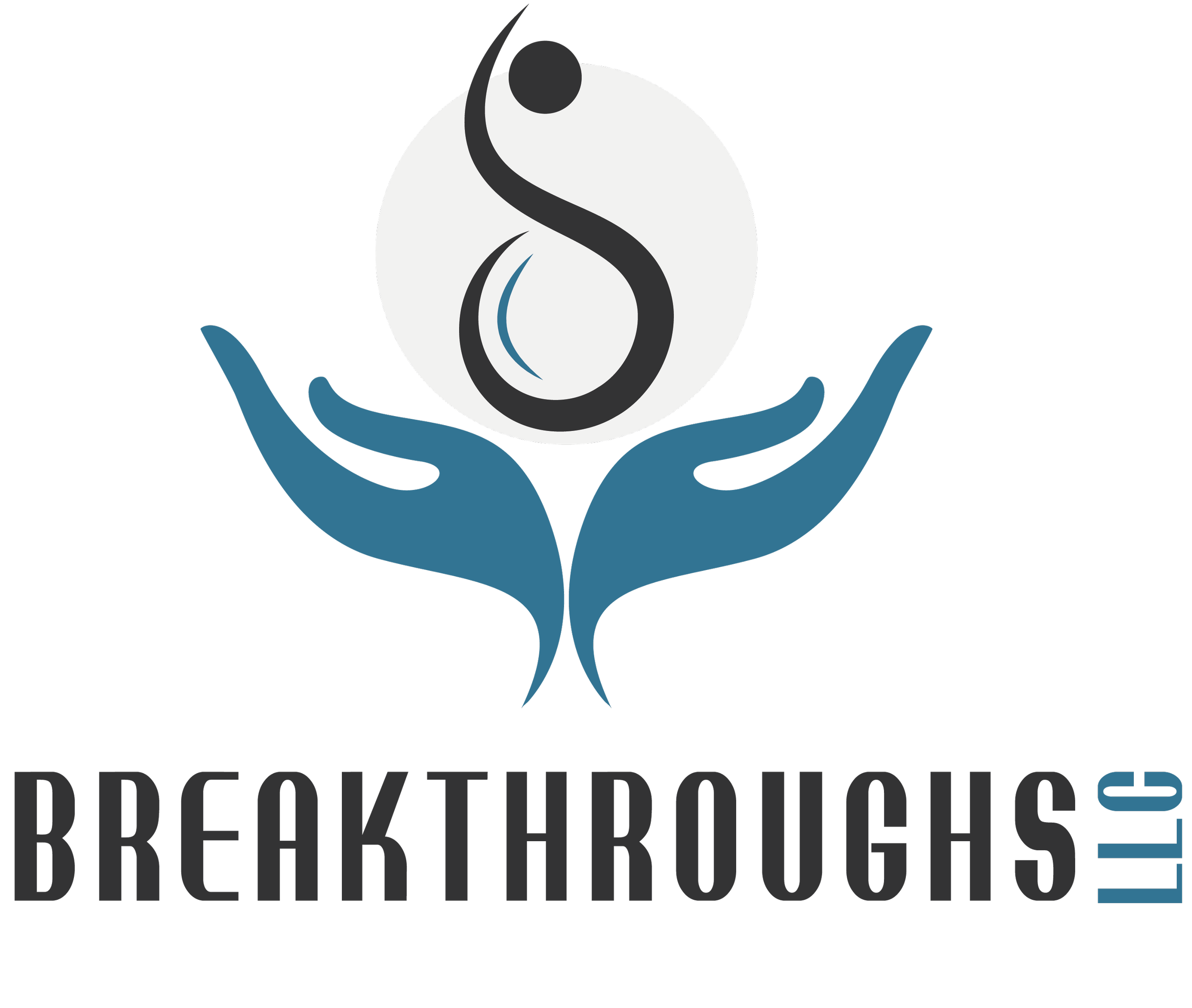 BreakthroughsLLC logo of two cerulean hands holding an white orb with a stylized symbol.