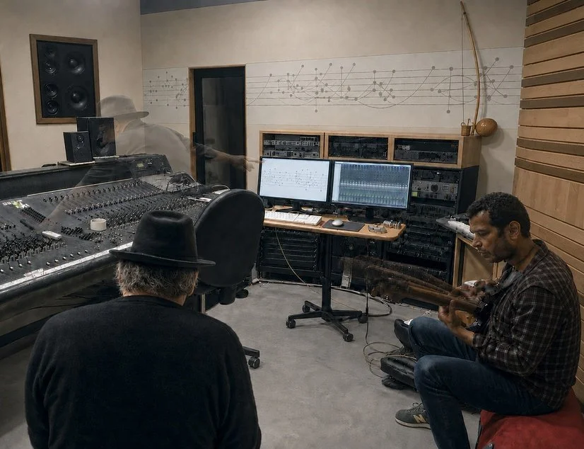 Héctor Agüero Lauten working in a professional recording studio during a music production session.