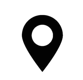 A black map pin icon on a white background indicating location of business