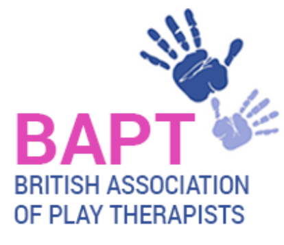 Logo of the British Association of Play Therapists featuring two handprints, one dark blue and one light blue, with the text 'BAPT BRITISH ASSOCIATION OF PLAY THERAPISTS' in pink and blue.