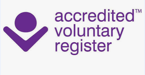 Logo for accredited voluntary register, featuring a purple check mark and text.