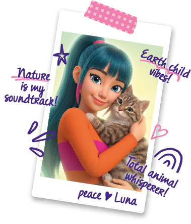 Luna with a long teal ponytail, hugging a tabby cat