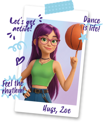 Zoe with long purple hair and magenta glasses, spinning a basketball