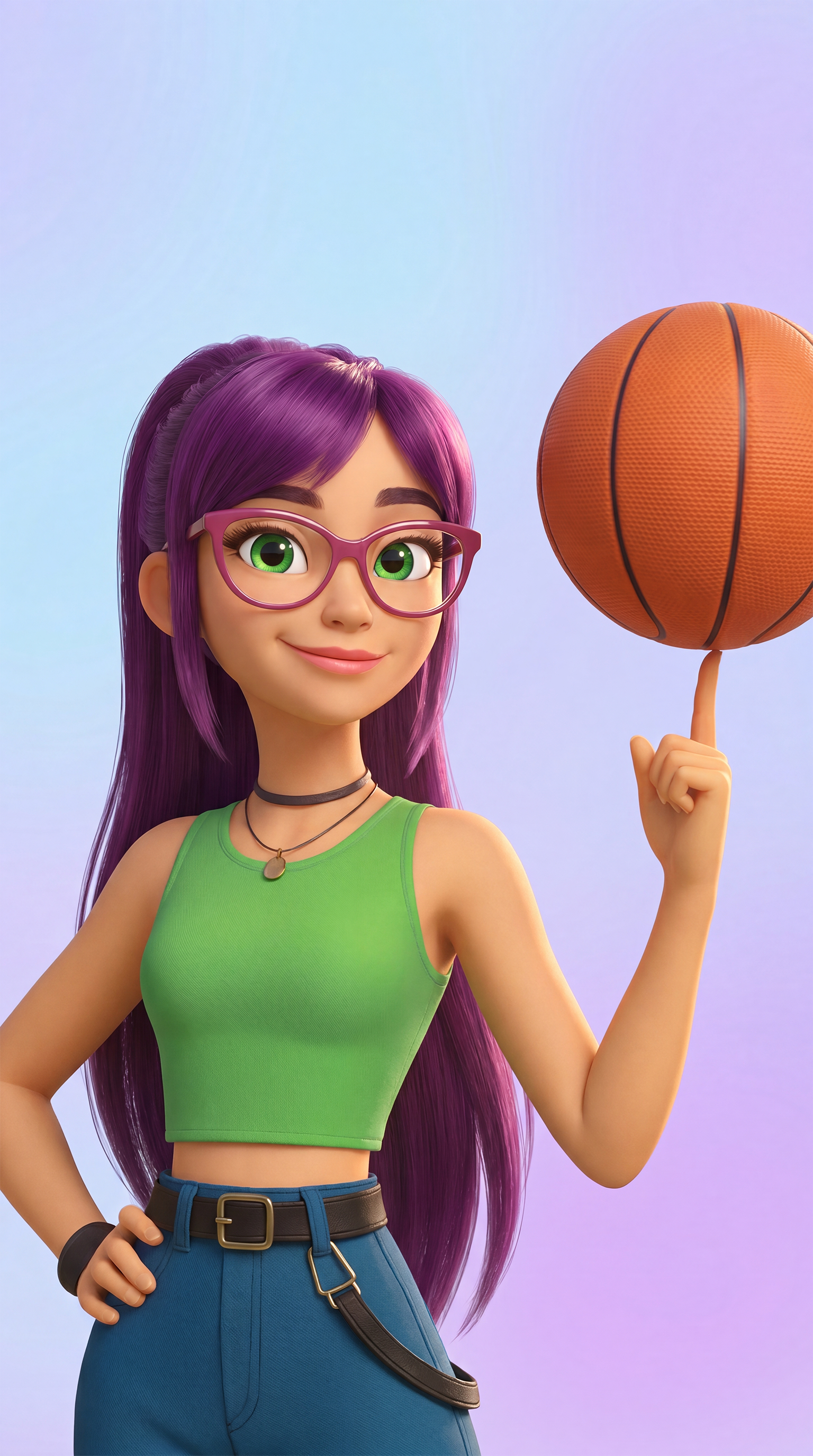 Zoe with long purple hair and magenta glasses, spinning a basketball on one finger