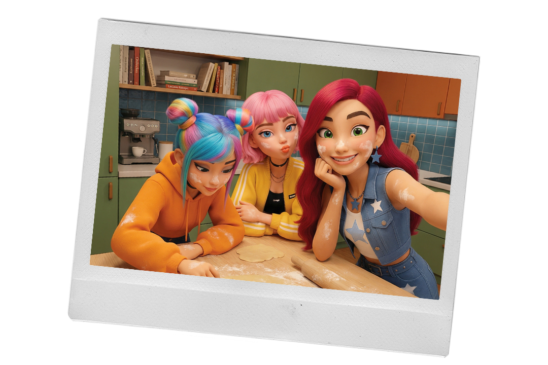 Instant photo of Kiki, Lyra and Mila smiling together in a kitchen