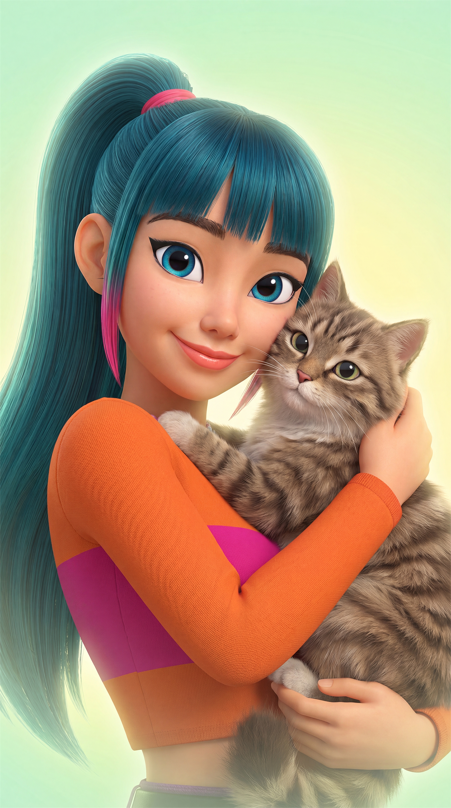 Luna with a long teal ponytail, hugging a tabby cat