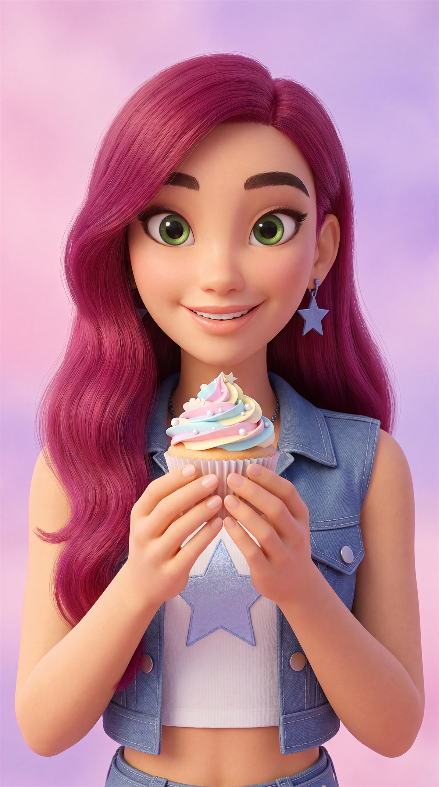 Mila with long crimson hair and a denim vest, holding a frosted cupcake