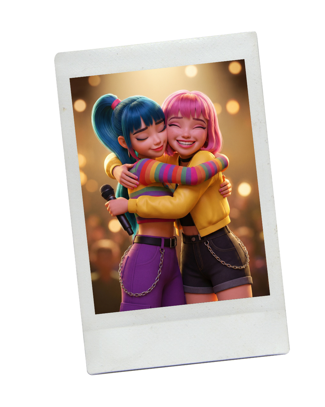 Instant photo of Luna and Lyra hugging on stage