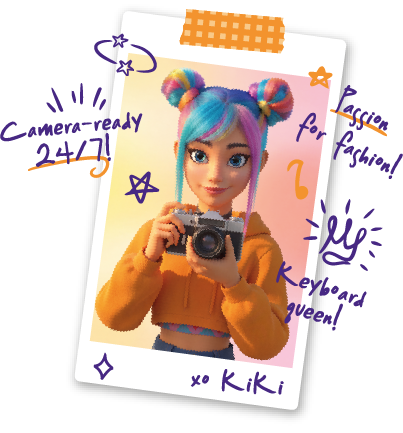 Kiki with rainbow hair buns and an orange hoodie, holding a camera